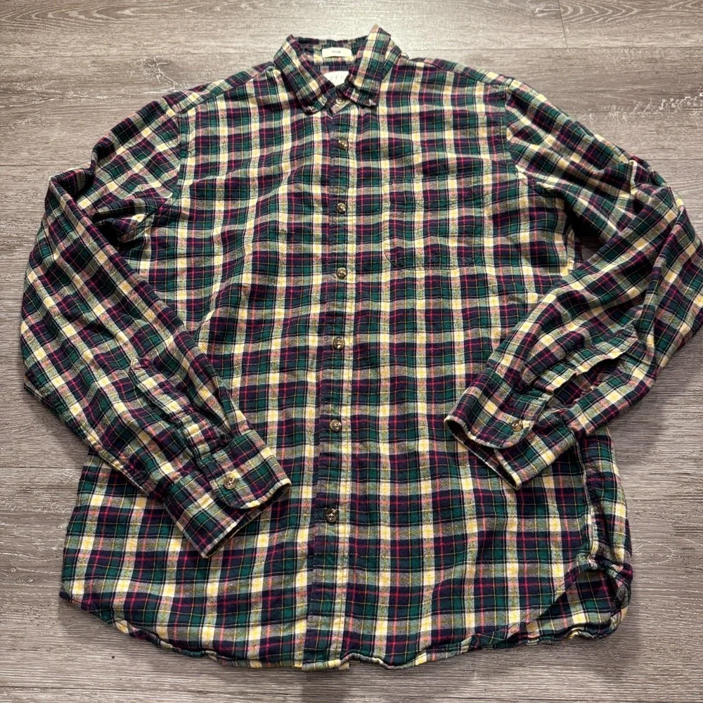 J‎ Crew Shirt Mens Medium Green Plaid Brushed Twill Slim Fit Flannel OCBD Preppy